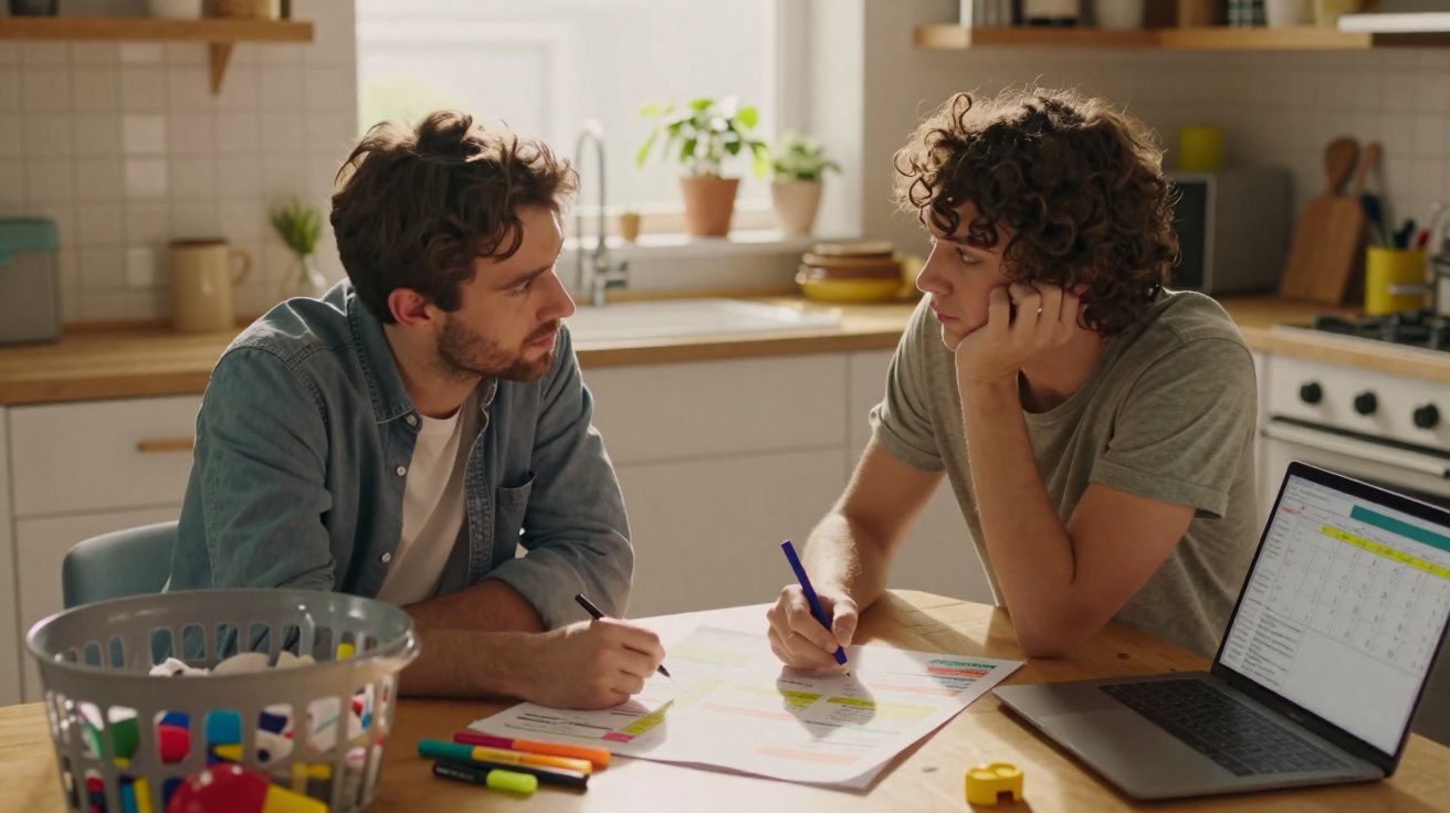 Dois homens jovens sentados à mesa da cozinha a discutir e apontar documentos com canetas coloridas.
