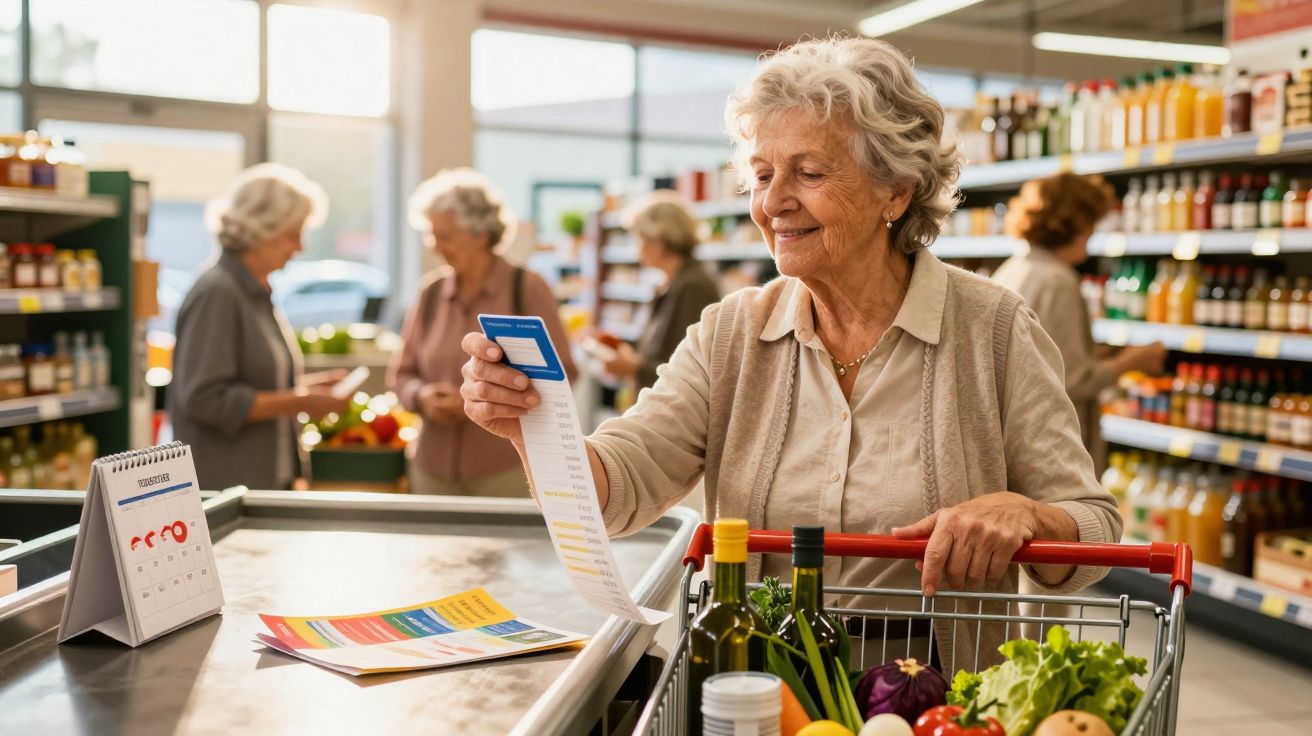 Senhora idosa a verificar uma lista de compras no supermercado, com carrinho cheio de legumes e garrafas.