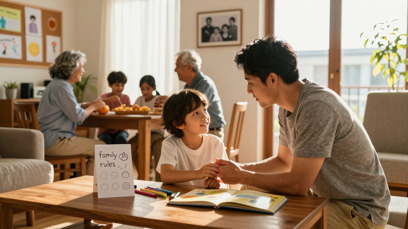 Pai e filho a fazer atividades juntos na mesa, enquanto avós e duas crianças comem ao fundo.