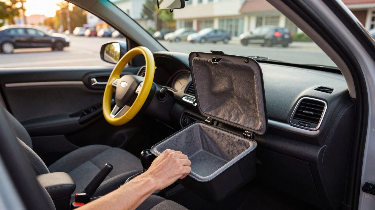 Interior de carro com volante amarelo e uma mão a abrir uma pequena caixa de armazenamento.