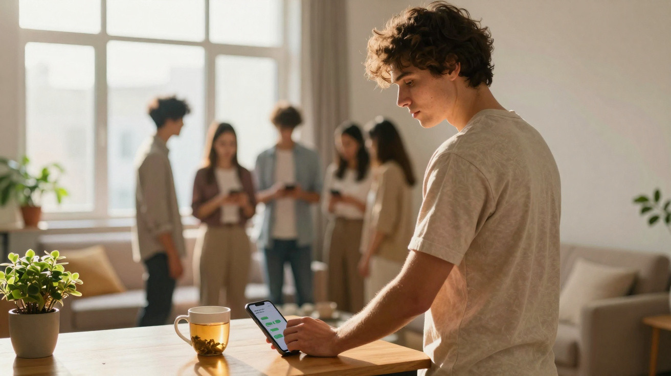 Jovem sozinho no primeiro plano a usar telemóvel enquanto grupo de cinco jovens está ao fundo numa sala iluminada.