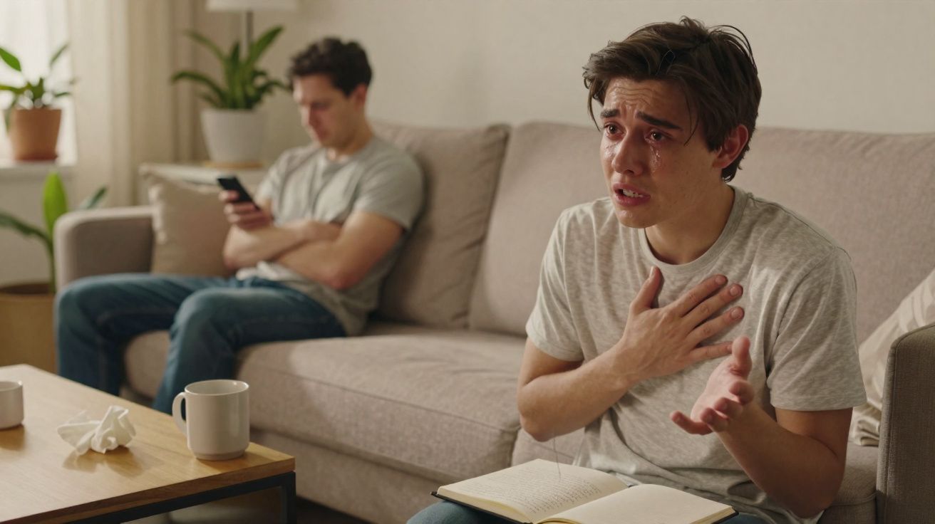 Jovem emocionado e a chorar, gesticulando enquanto fala, e outra pessoa no sofá ao fundo a olhar para o telemóvel.