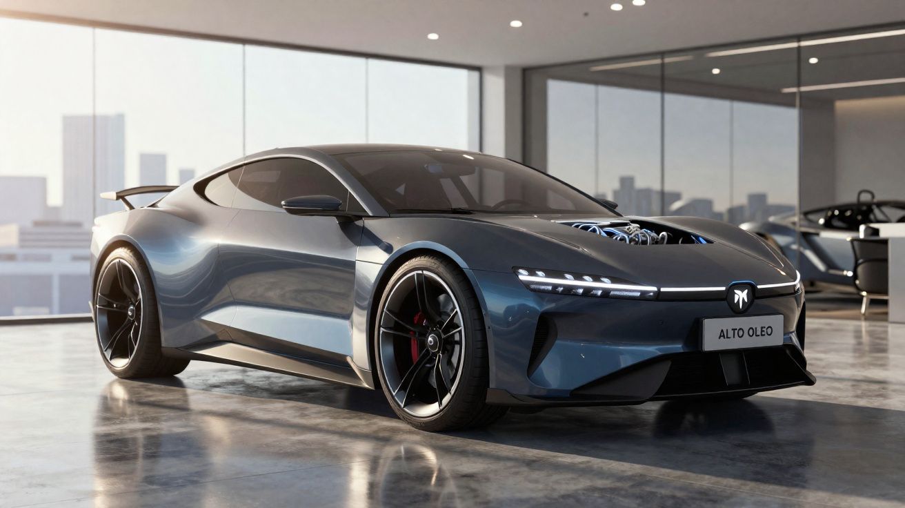 Carro desportivo eléctrico cinzento escuro em espaço interior moderno com janelas panorâmicas e vista urbana.