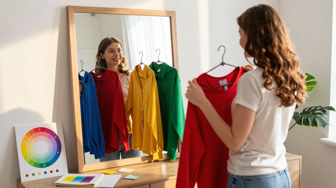 Mulher a escolher camisa vermelha, olhando para espelho com camisas azul, vermelha, amarela e verde penduradas.