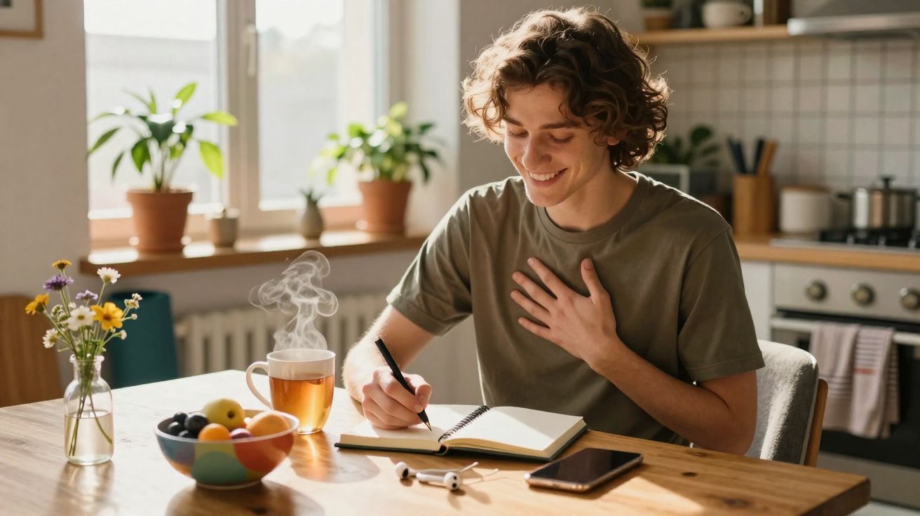Jovem sentado a escrever num caderno numa cozinha luminosa, com chá quente e fruta na mesa.