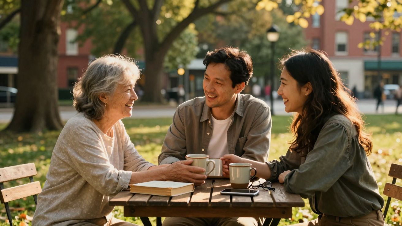 Três pessoas de diferentes gerações conversam sorrindo numa mesa ao ar livre com canecas e livro.