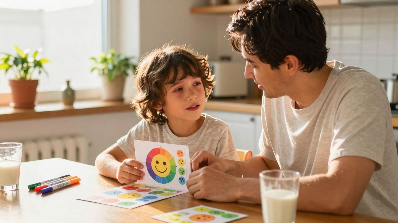 Pai e filho sentados à mesa com papéis coloridos e copos de leite, numa cozinha luminosa.
