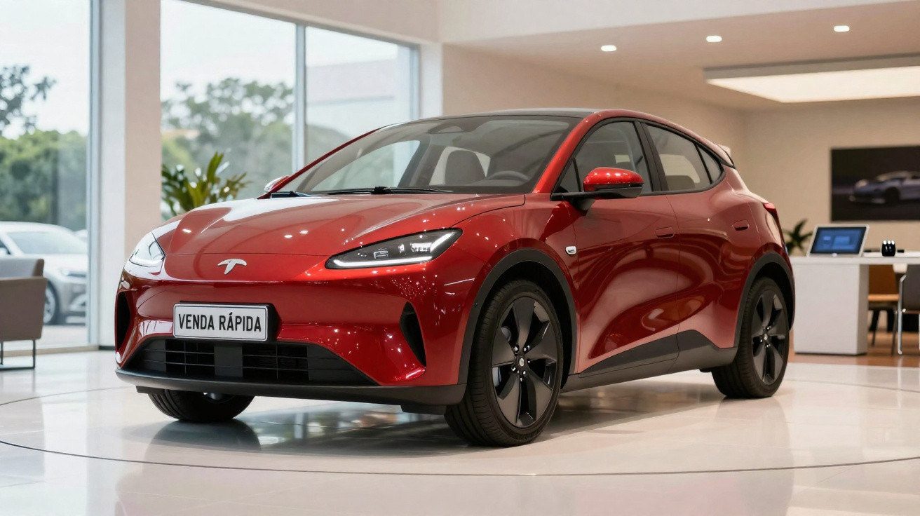 Carro elétrico Tesla vermelho exposto numa loja com placa de matrícula a dizer "Venda Rápida".