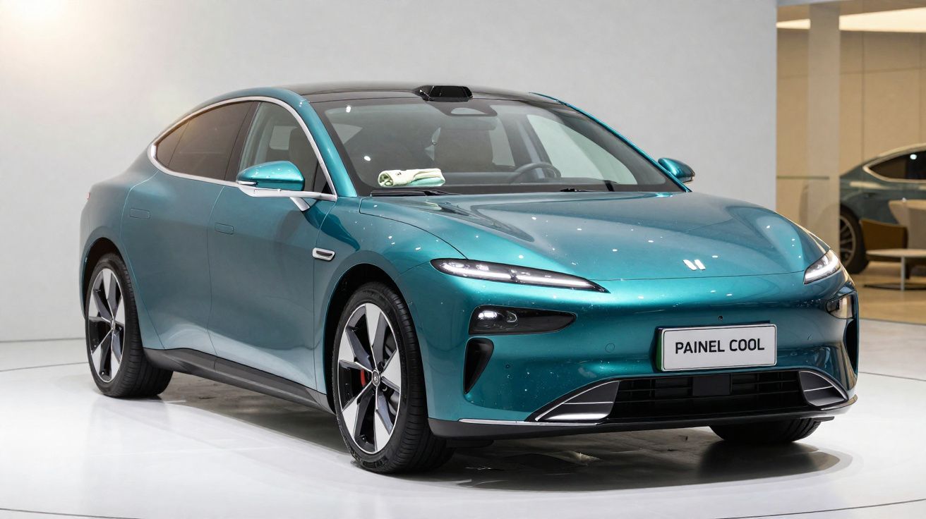 Carro elétrico azul metálico moderno em exposição num espaço interior com iluminação branca.