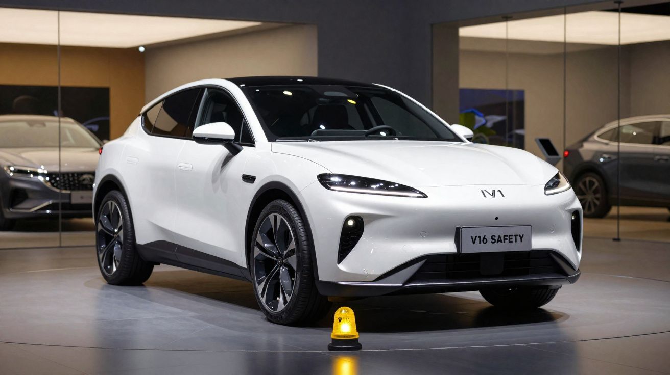 Carro elétrico branco V16 Safety em exposição num salão automóvel moderno com luz ambiente.