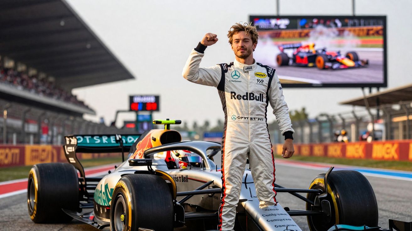 Piloto de Fórmula 1 da Red Bull comemora vitória ao lado do carro na linha de chegada, circuito ao fundo.