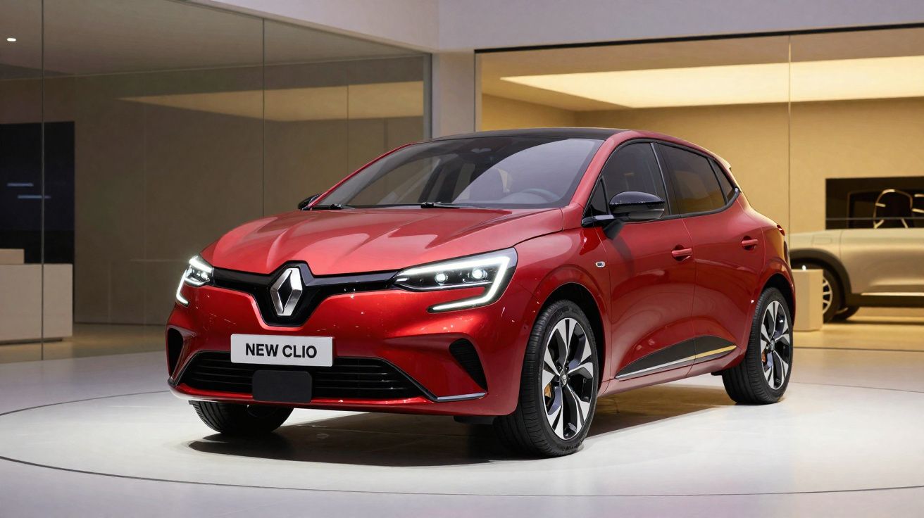 Carro vermelho Renault New Clio mostrado numa exposição com iluminação moderna e fundo minimalista.