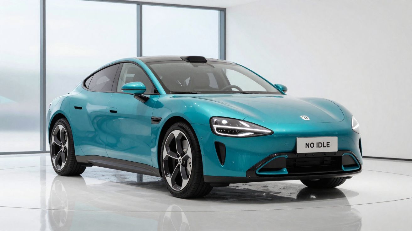 Carro elétrico moderno azul turquesa exibido num espaço interior minimalista, com luz natural a entrar por grandes janelas.