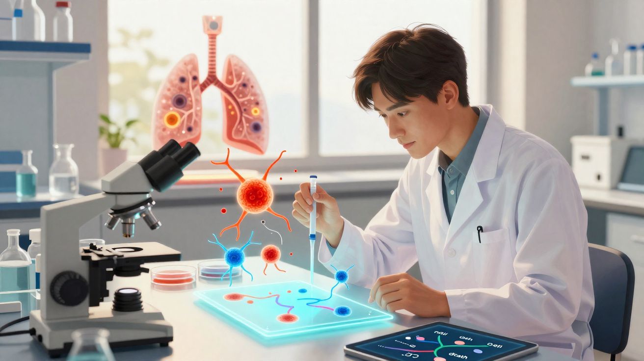Cientista em laboratório a analisar células e vírus num ecrã digital com modelo de pulmões ao fundo.
