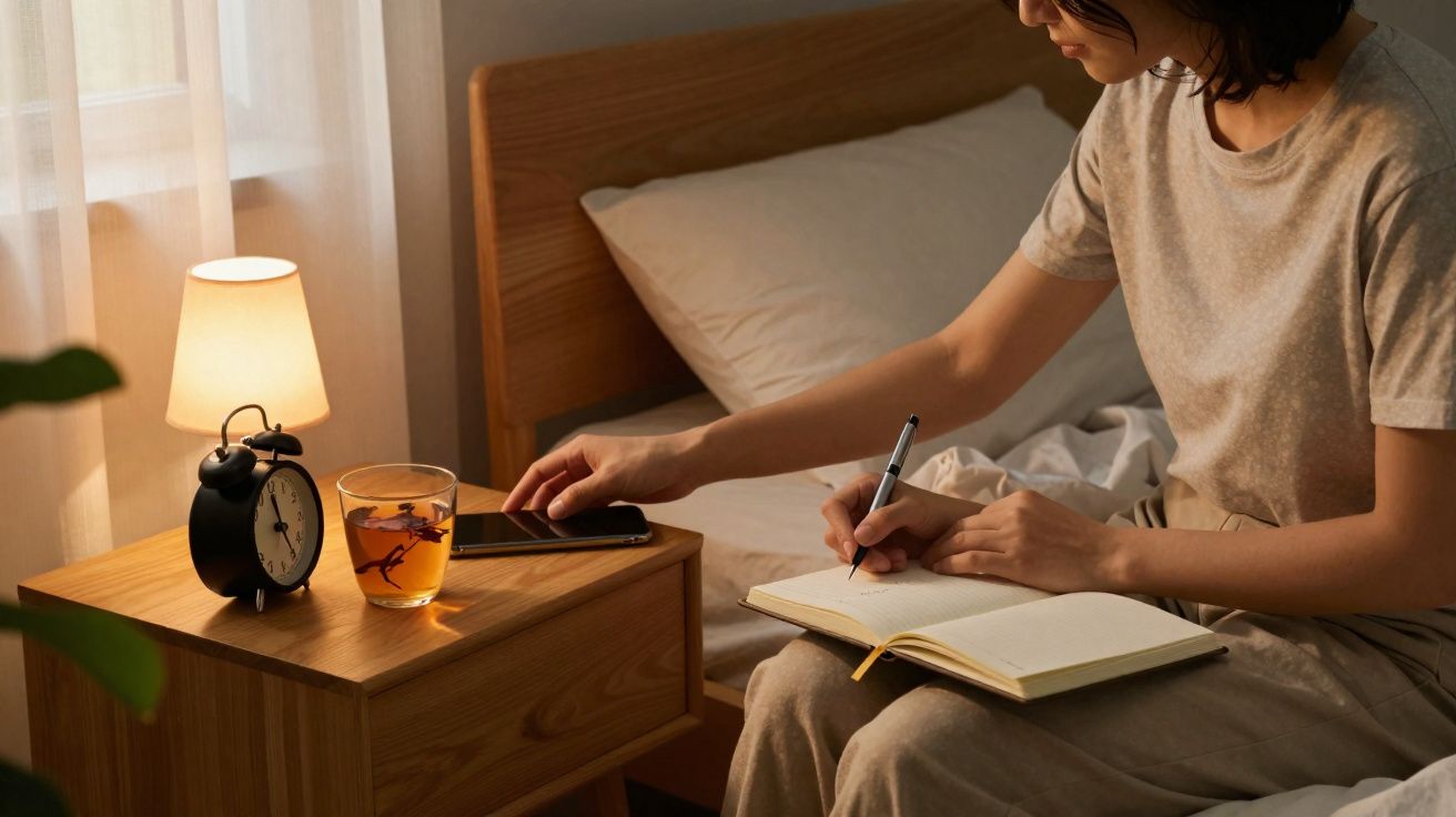 Mulher sentada na cama a escrever num caderno e a pegar no telemóvel numa mesa com relógio e chá.