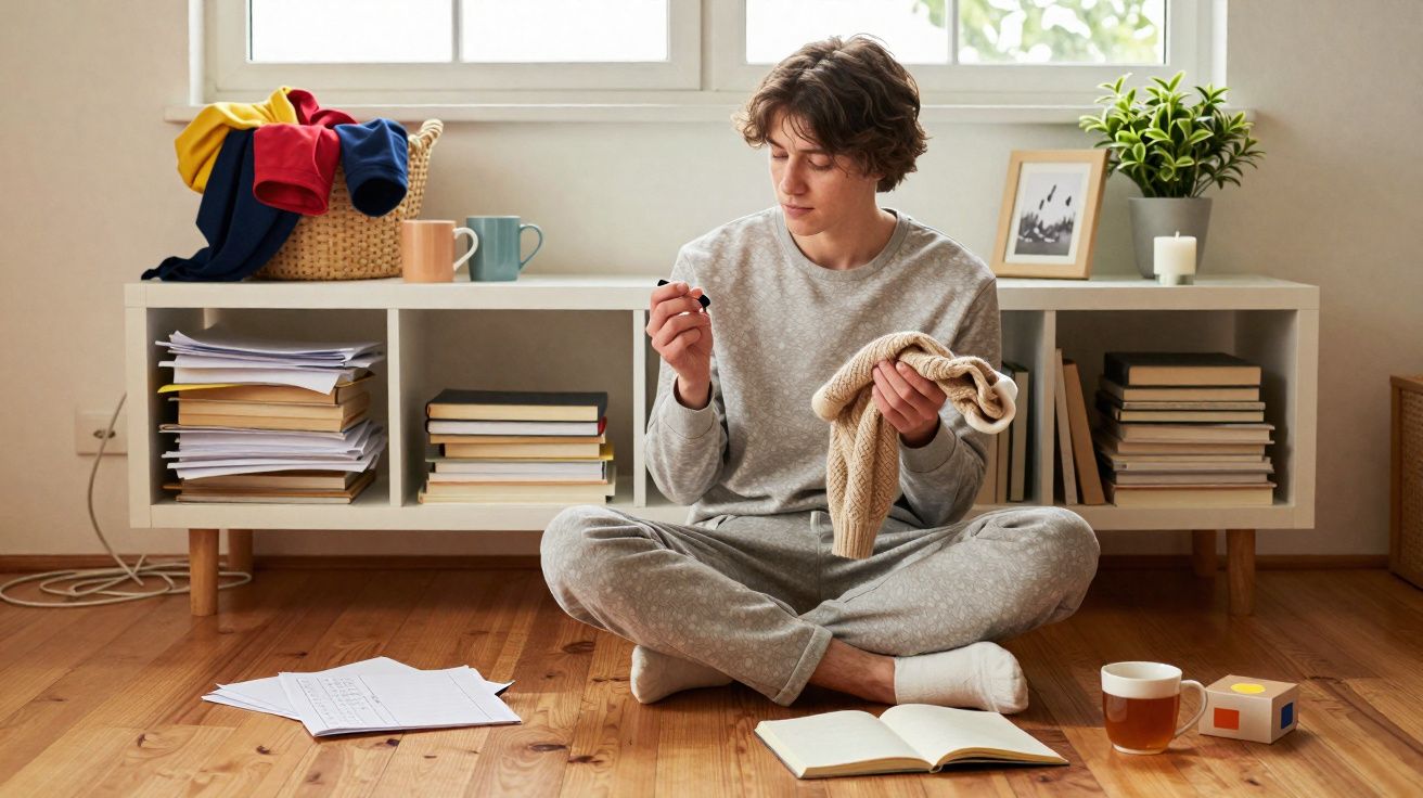 Jovem sentado no chão com roupa confortável, segurando um termómetro e uma camisola, rodeado de livros e chá.
