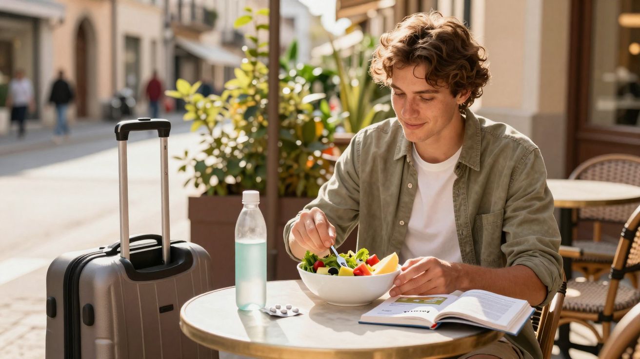 Jovem sentado numa esplanada, a comer salada, com mala de viagem, garrafa de água e livro na mesa.