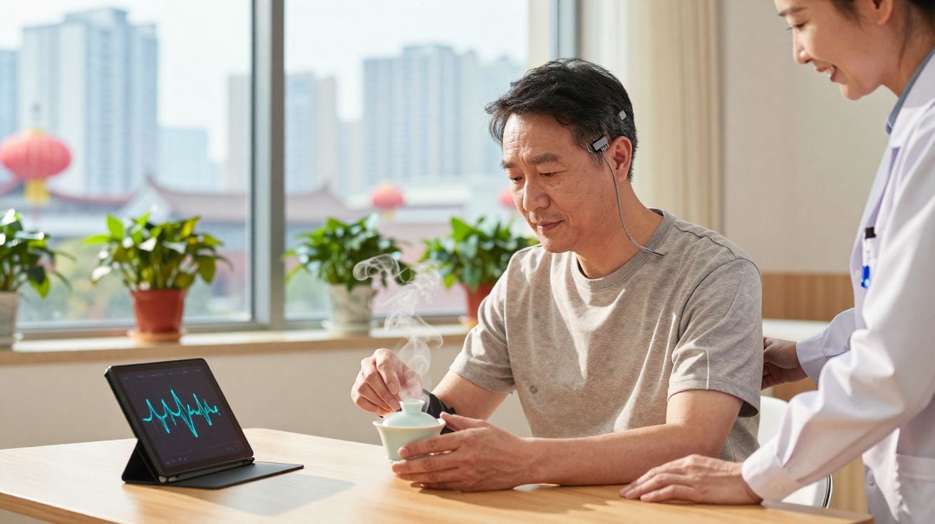 Homem a beber chá enquanto faz exame cardíaco com auscultadores, acompanhado por médica.