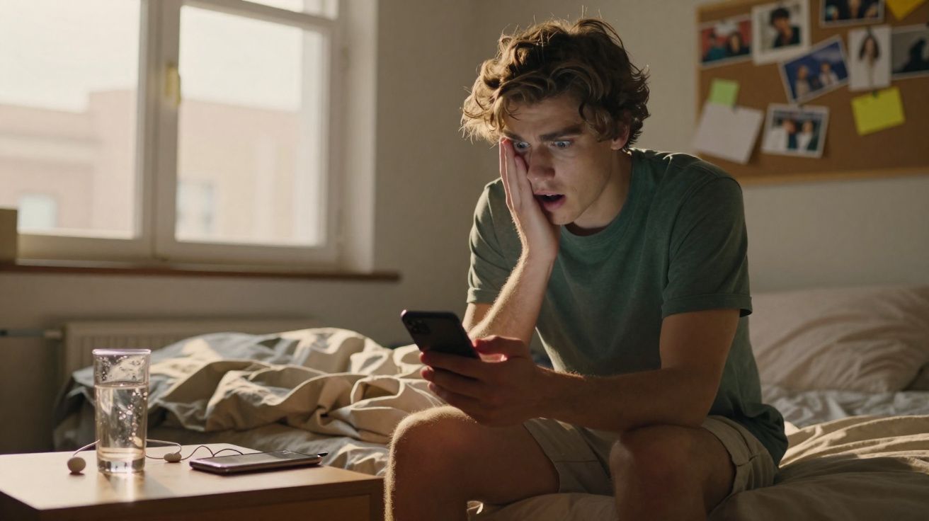 Jovem sentado na cama com expressão surpresa enquanto olha para o telemóvel no quarto iluminado pela luz natural.