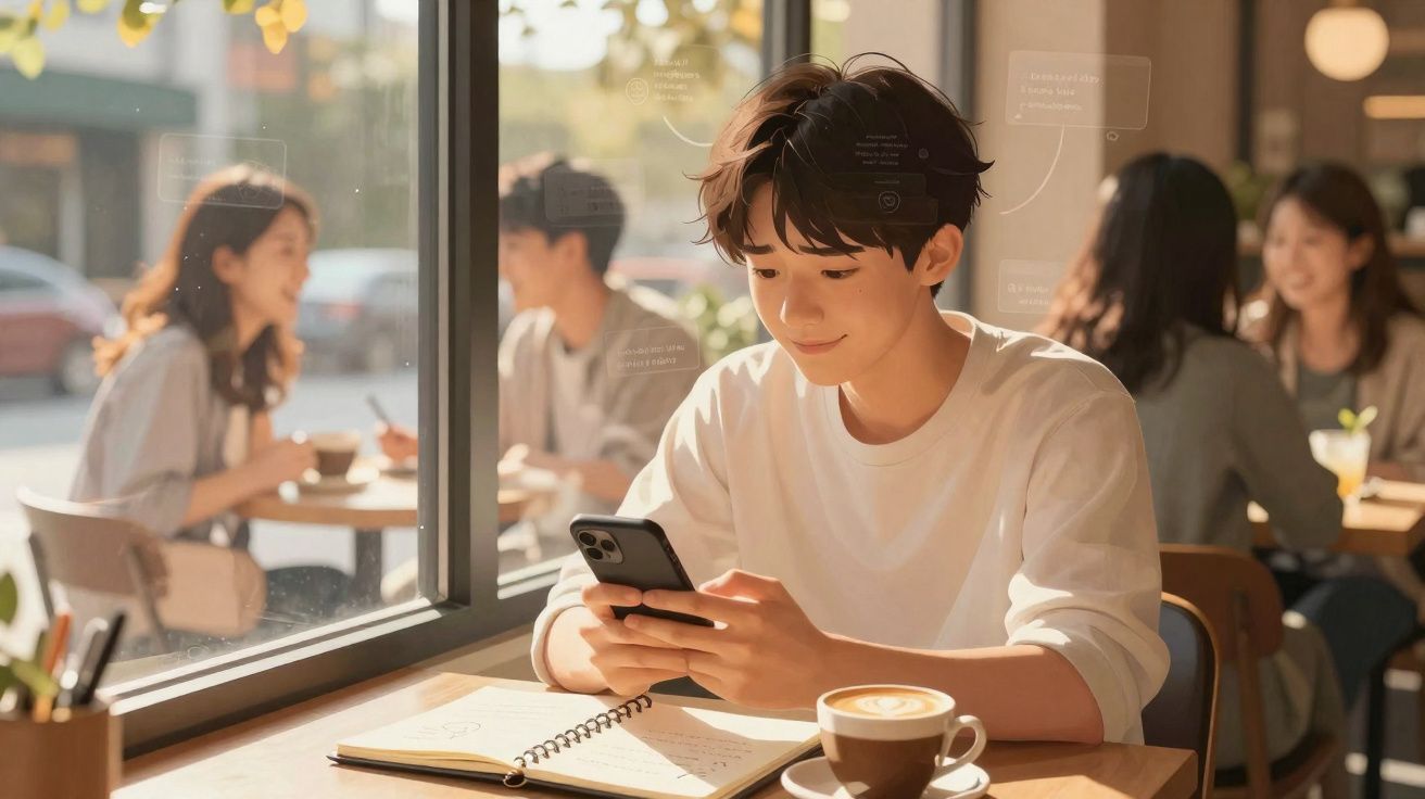 Jovem sentado numa cafetaria a olhar para o telemóvel com caderno e chávena de café à sua frente.