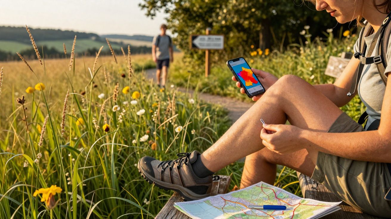 Mulher sentada numa floresta a consultar mapa e telemóvel com aplicativo de navegação ao ar livre.