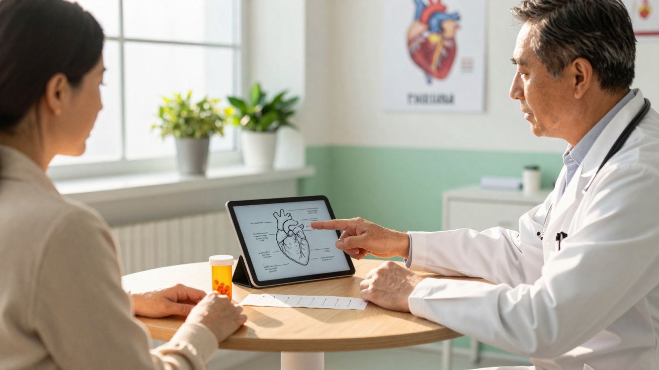 Médico mostra a paciente uma ilustração digital do coração durante consulta numa clínica.