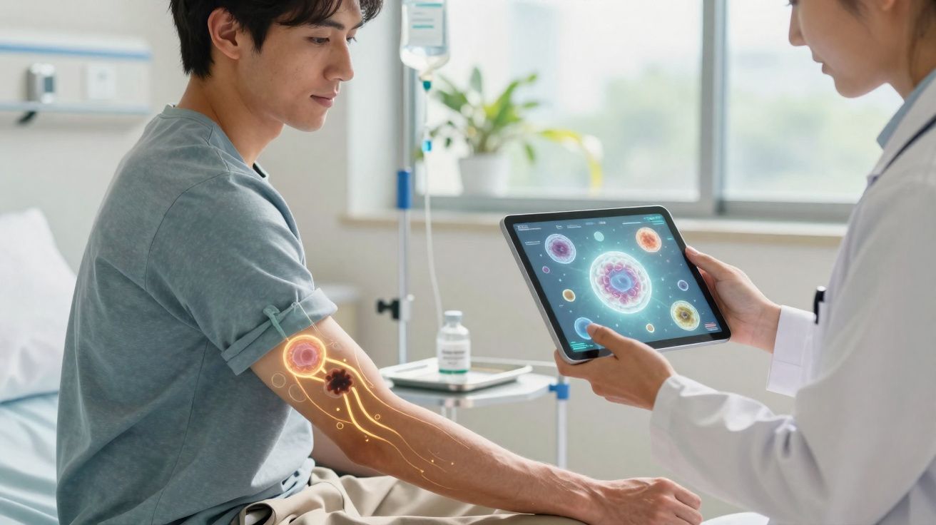 Paciente sentado com infusão intravenosa observa médica mostrando células digitais num tablet.