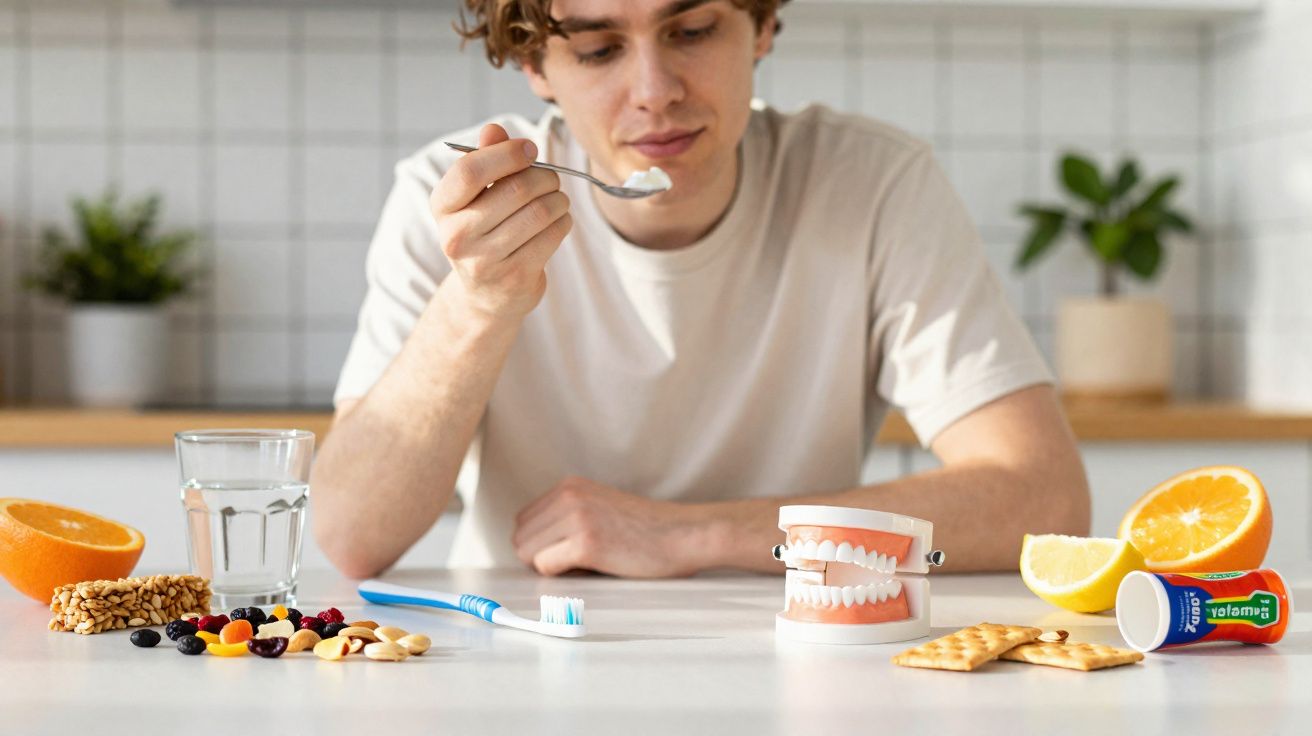 Homem segurando colher com iogurte, com alimentos, escova de dentes e modelo de dentes à frente na cozinha.