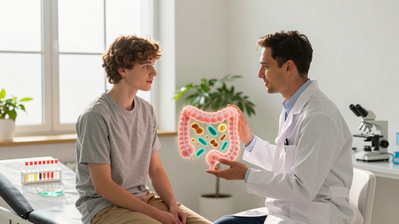 Médico a explicar a um jovem paciente sobre o intestino e microrganismos na consulta clínica.