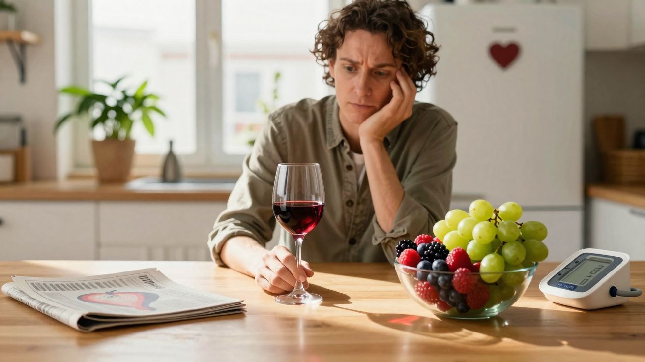 Pessoa pensativa sentada à mesa com copo de vinho, frutas e aparelho de medição numa cozinha iluminada.