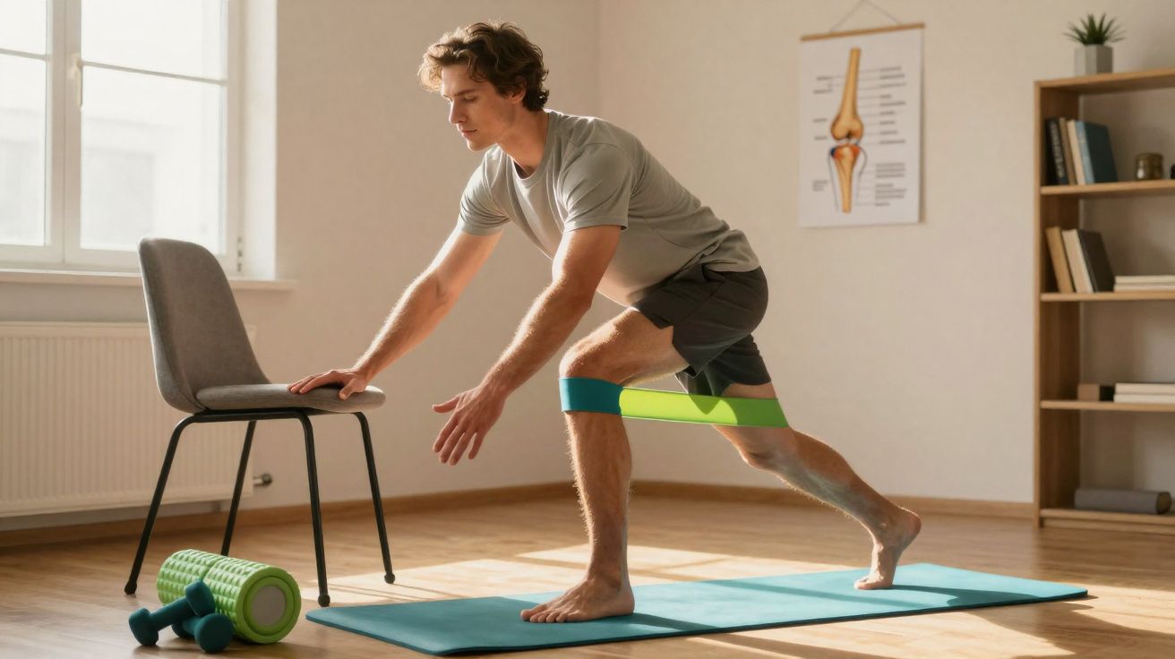 Homem a fazer exercício com banda elástica num tapete de yoga, apoiado numa cadeira numa sala iluminada.