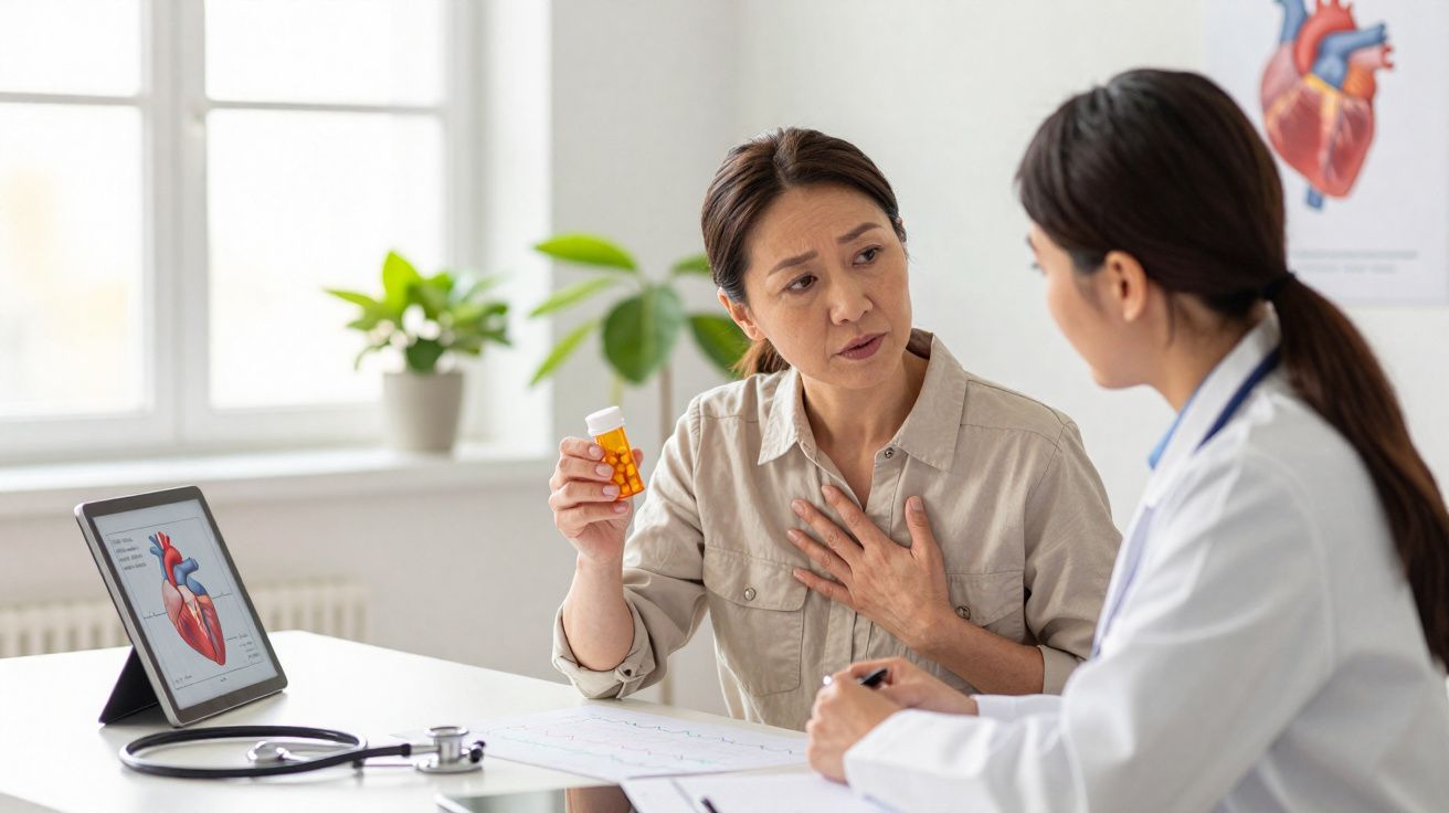 Paciente a explicar sintomas cardíacos a médica durante consulta num consultório iluminado por janela.