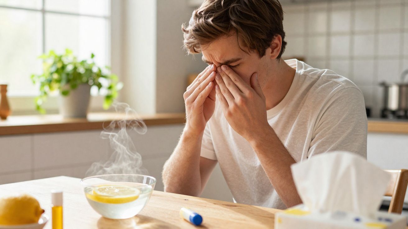 Homem com sintomas de gripe segura o rosto sentado à mesa com lenços e vapor de limão quente.