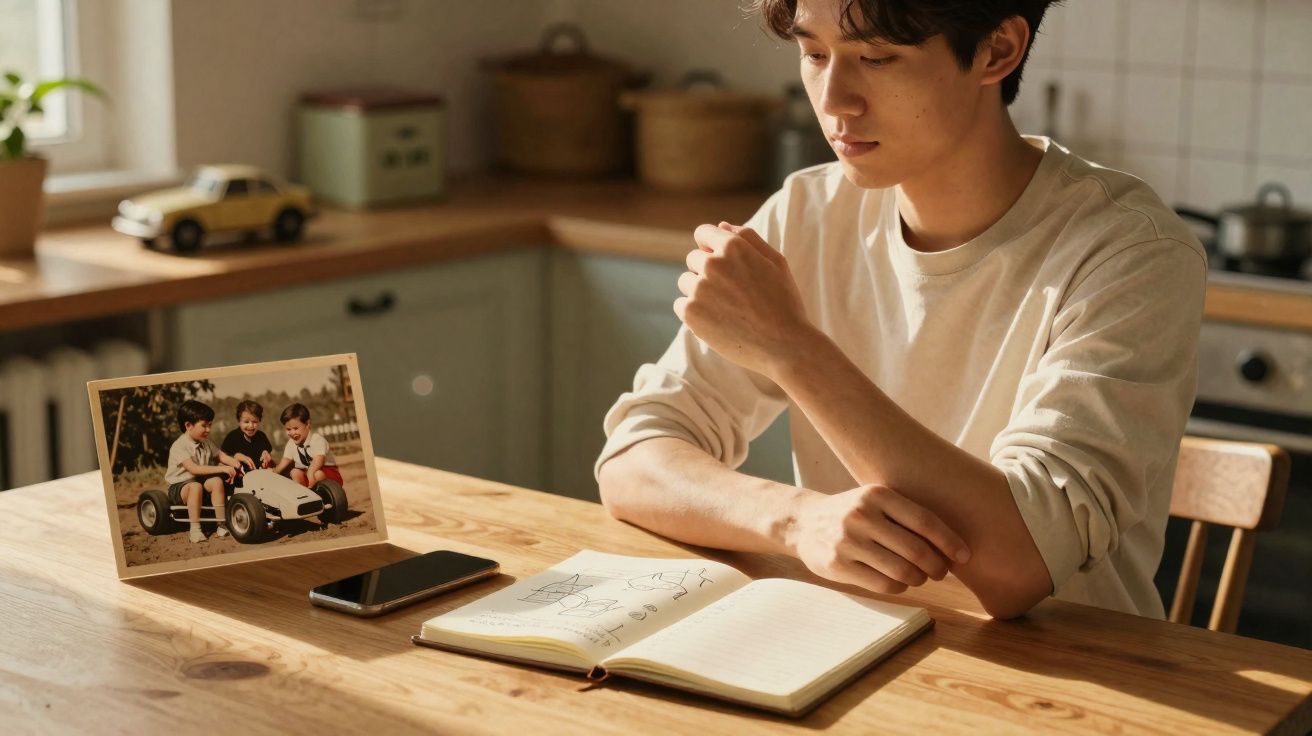 Jovem sentado à mesa a olhar pensativo para um caderno aberto, com foto antiga e telemóvel ao lado.