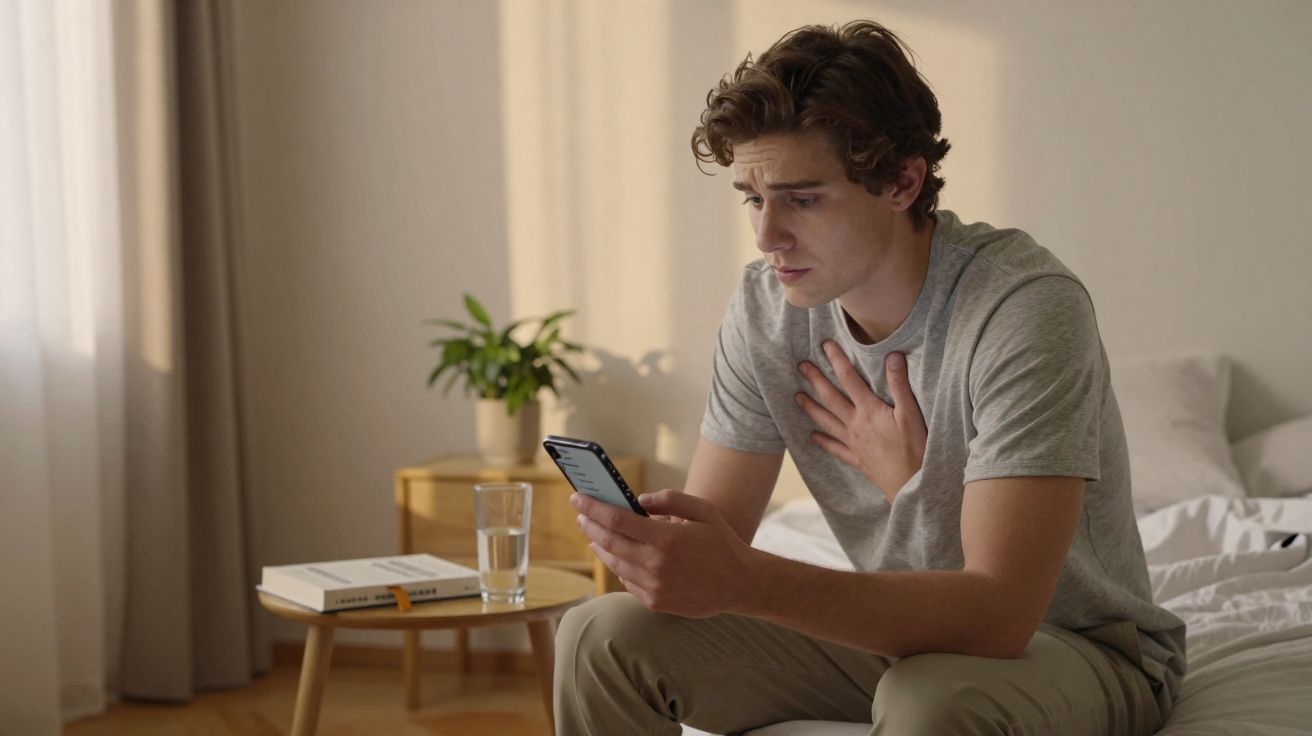 Homem com expressão preocupada sentado na cama a olhar para o telemóvel segurando o peito.