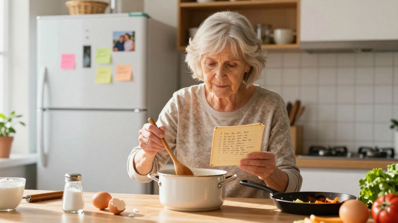 Idosa a cozinhar na cozinha, mexendo panela e a seguir receita escrita num caderno.