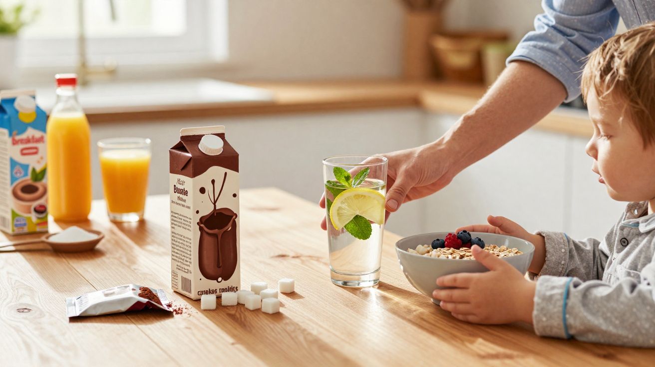 Criança com tigela de cereais à mesa, com sumos, leite achocolatado e cubos de açúcar num ambiente de cozinha.