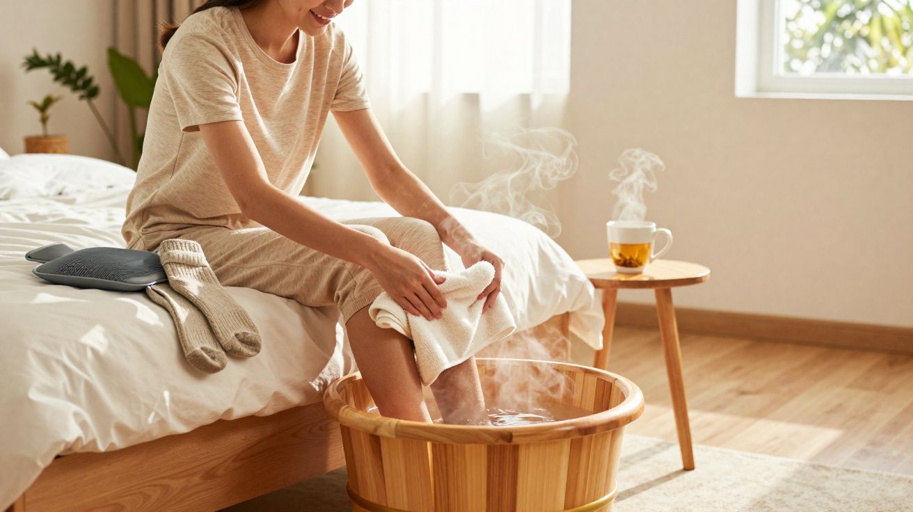 Mulher a fazer um escalda-pés num balde de madeira quente, sentada numa cama num quarto iluminado.
