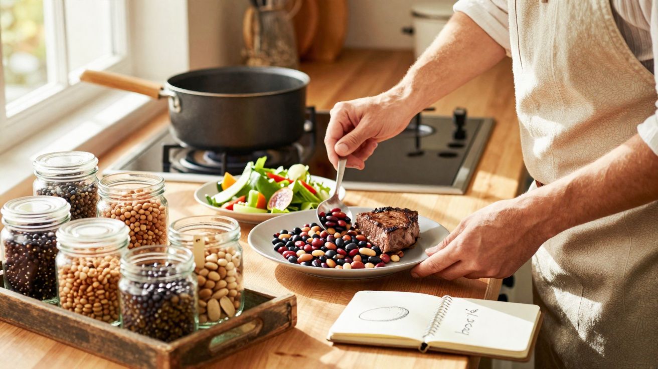 Pessoa a servir feijão e bife num prato numa cozinha com legumes e frascos de feijões variados.