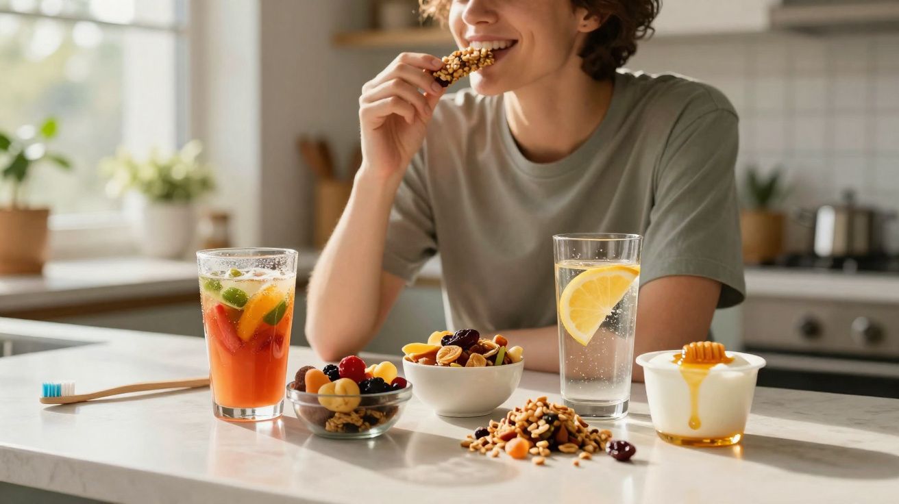 Pessoa a comer barra de cereais com frutas secas, iogurte, sumo e água com limão numa cozinha luminosa.