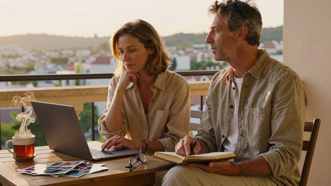 Casal sentado numa varanda ao pôr do sol, a trabalhar com computador portátil e a escrever num caderno.