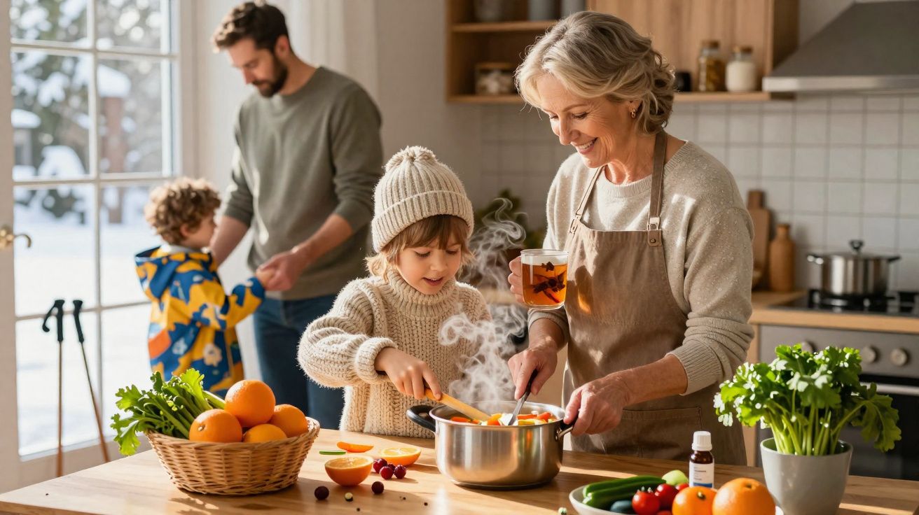 Avó e neto a cozinhar juntos numa cozinha, com pai e criança ao fundo junto à janela.