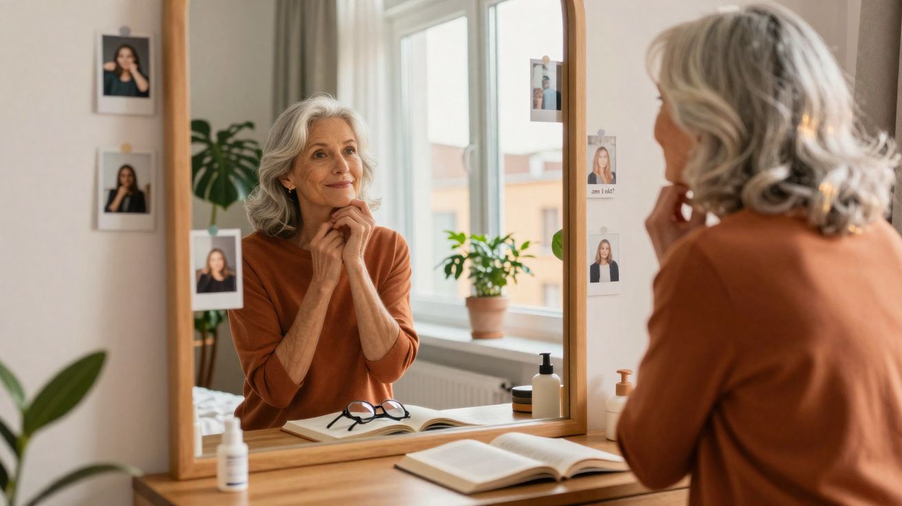 Mulher idosa com cabelo cinza sente-se à frente de um espelho num quarto iluminado, tocando o queixo.
