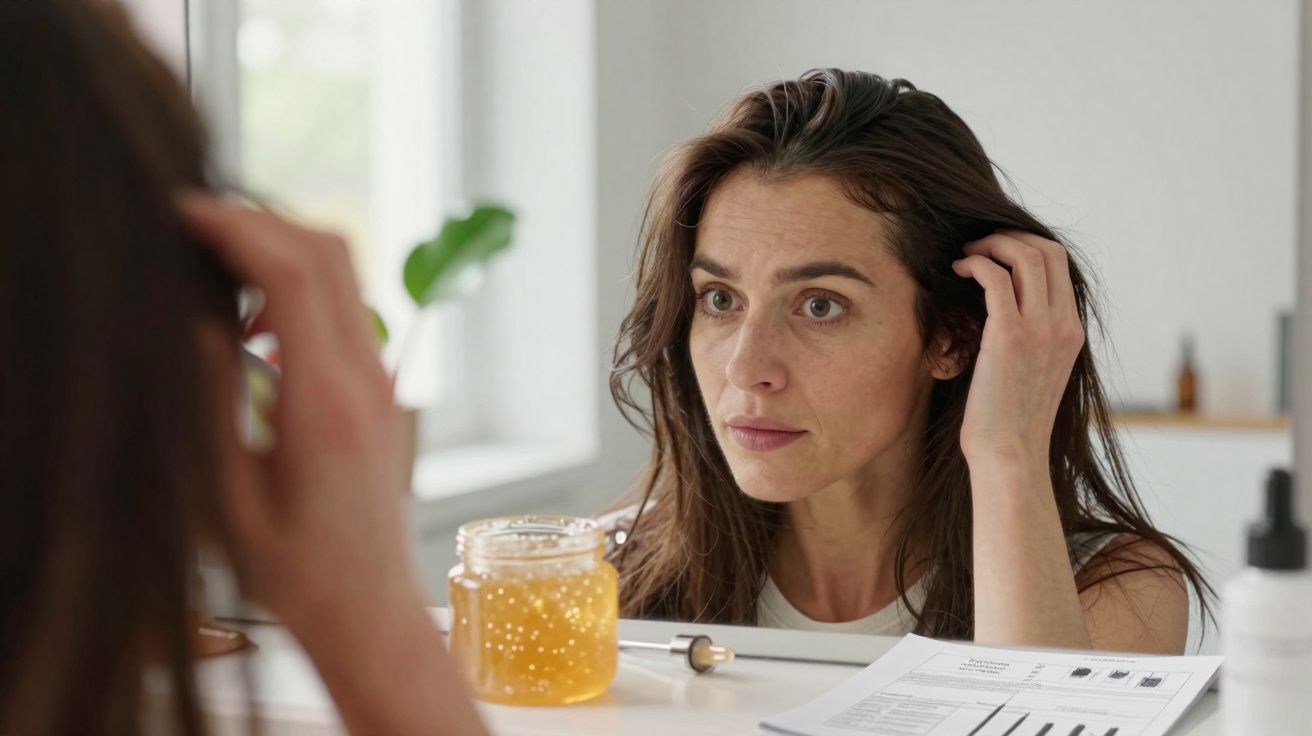 Mulher a observar-se no espelho com jarro de mel e documentação à frente numa mesa branca.