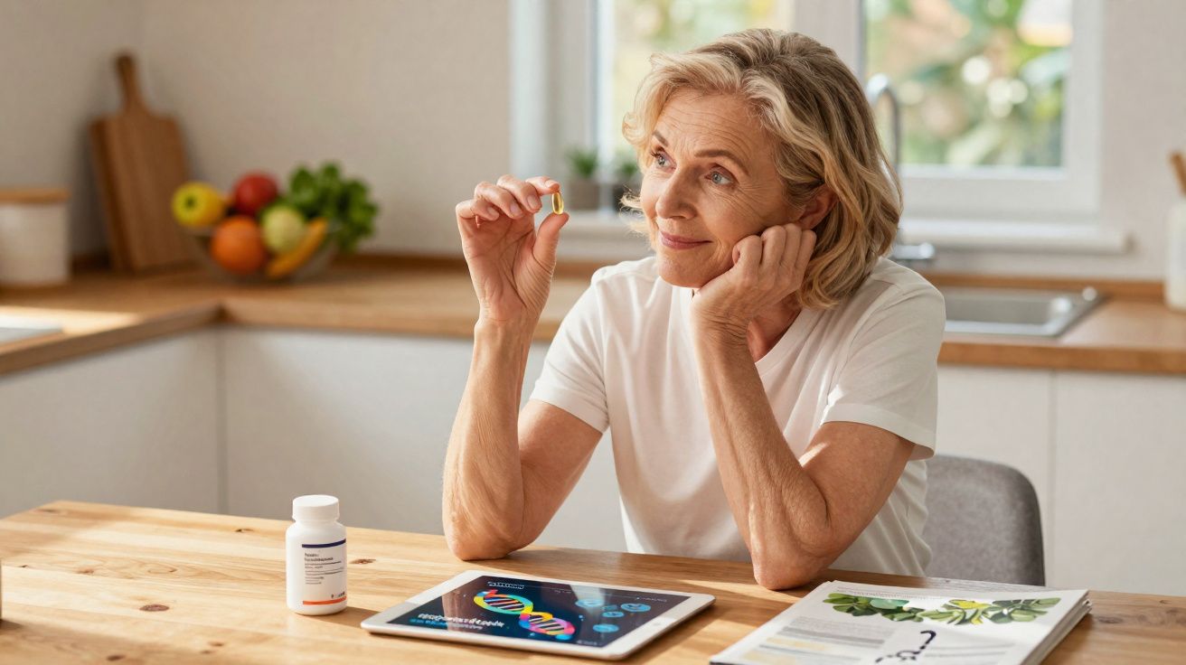 Mulher sénior a olhar e segurar um suplemento alimentar na cozinha, com tablet e frasco na mesa.