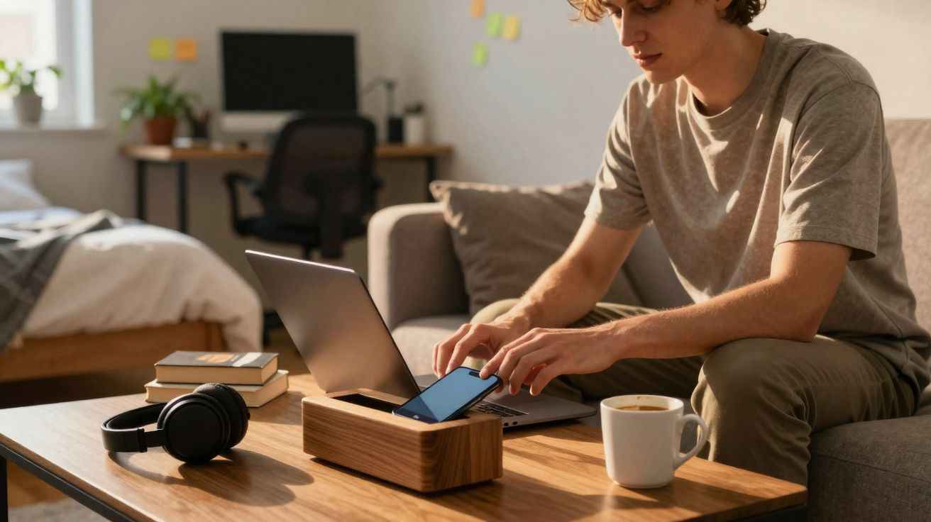 Pessoa a carregar o telemóvel numa caixa de madeira, sentado numa sala com laptop e chávena de café na mesa.