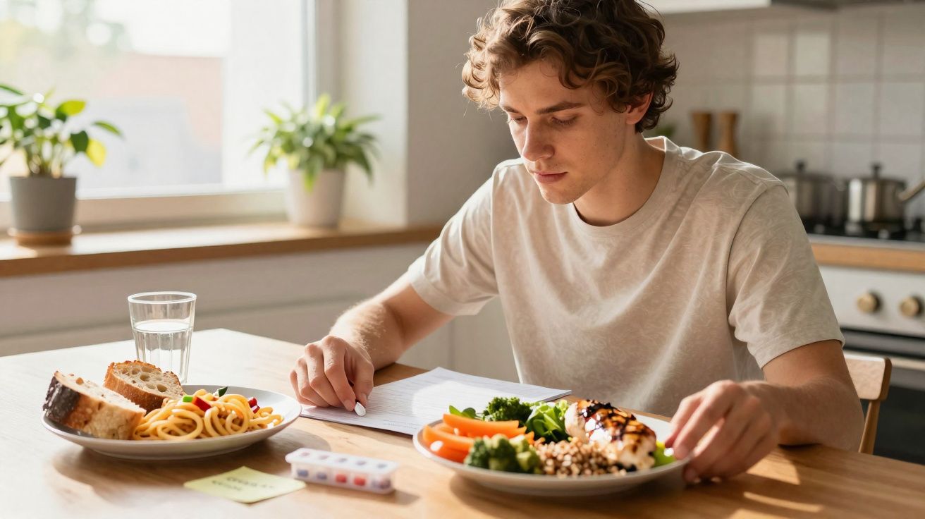 Jovem a estudar na cozinha com duas refeições, água e medicação sobre a mesa.