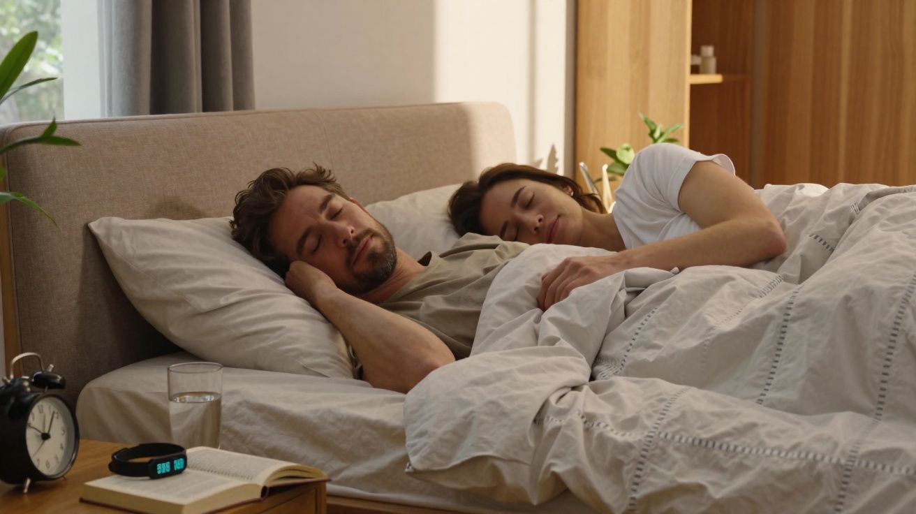 Casal a dormir na cama com lençóis brancos, luz natural entra pela janela, ambiente calmo e acolhedor.