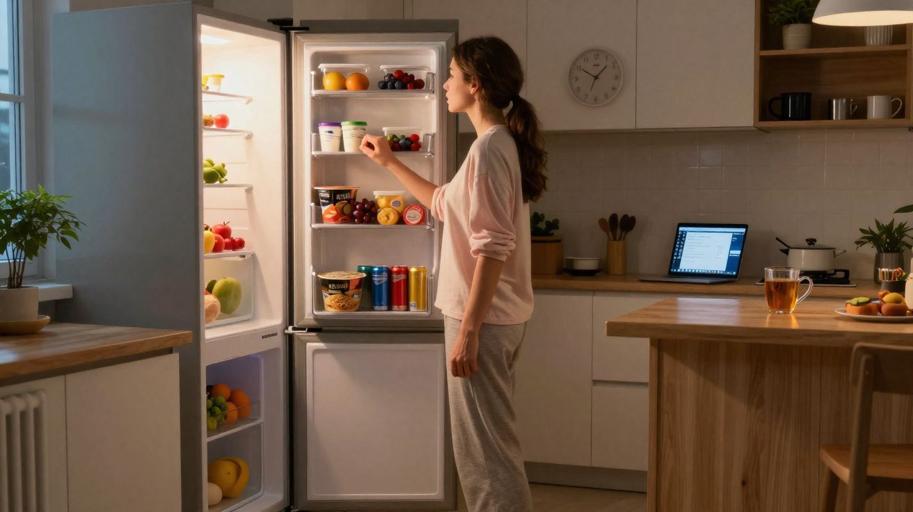 Mulher a pegar alimento no frigorífico aberto numa cozinha moderna à noite.