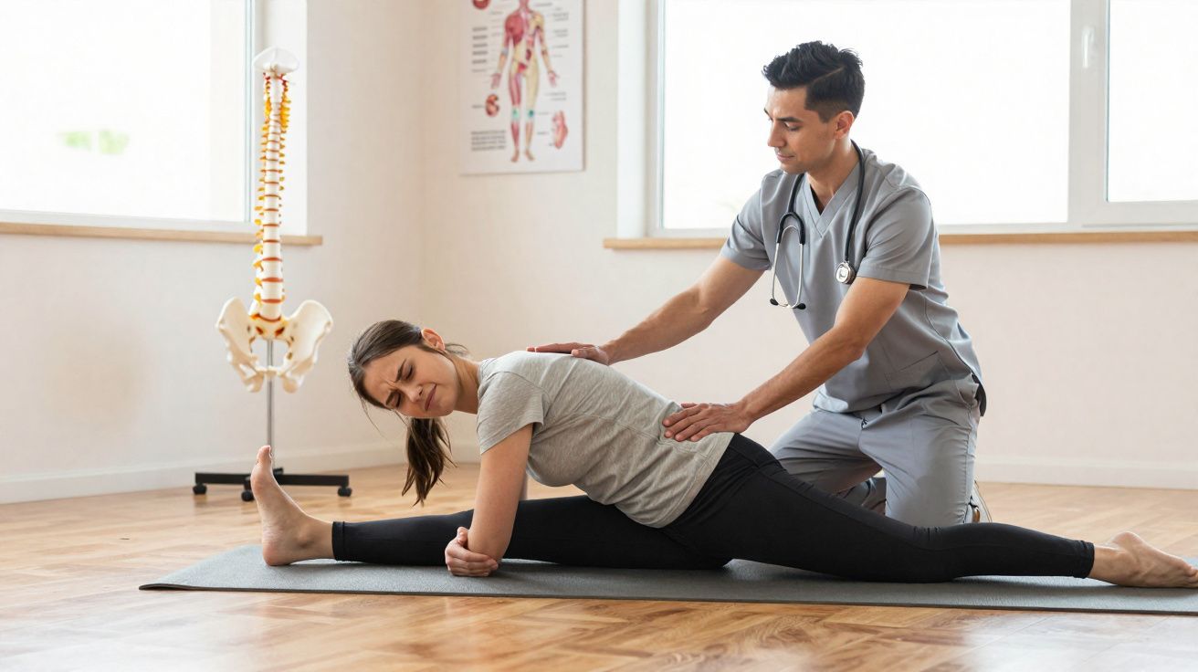 Fisioterapeuta ajuda mulher a fazer alongamento sentado numa sala de reabilitação iluminada.